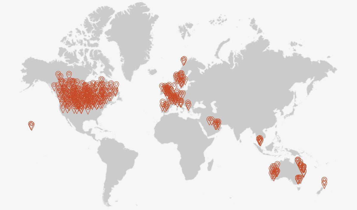 World map showing where DropTop desks are delivered