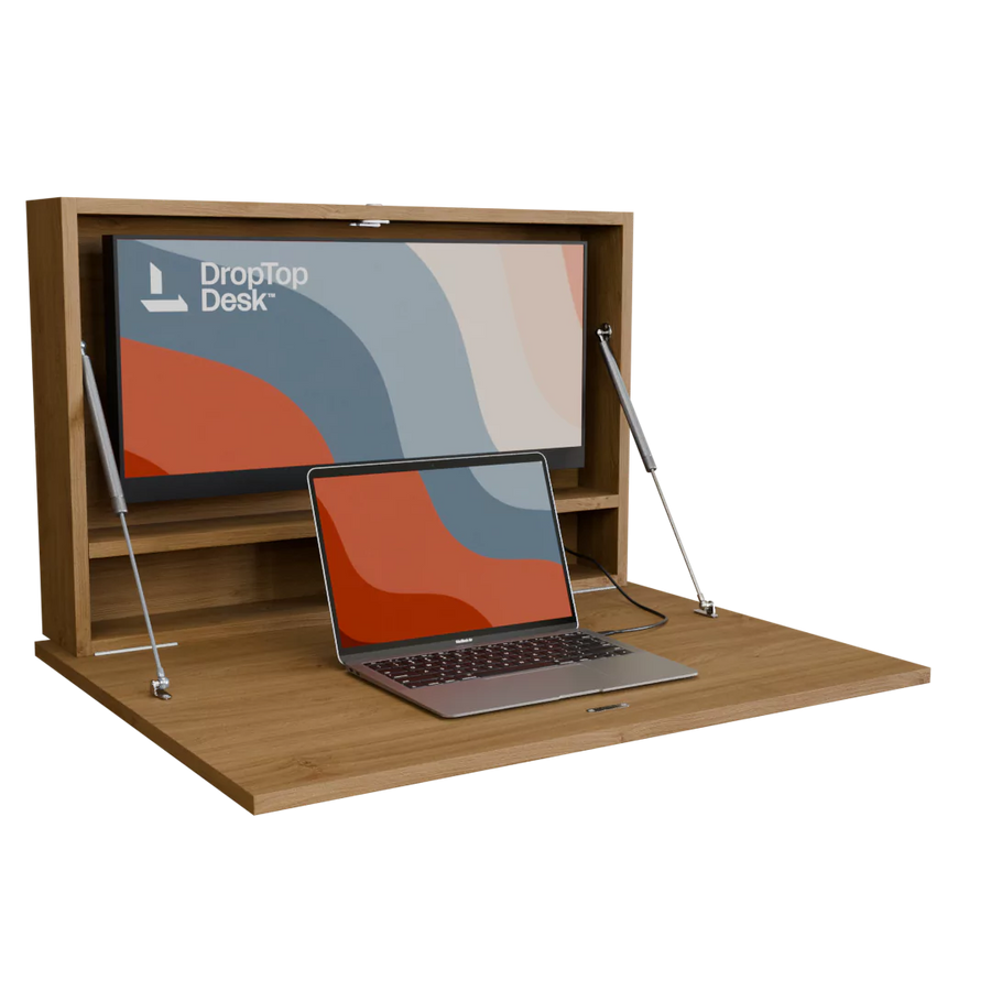 DropTop Single 29 Light wall-mounted fold-down desk, open, in Oiled Kendal Oak.