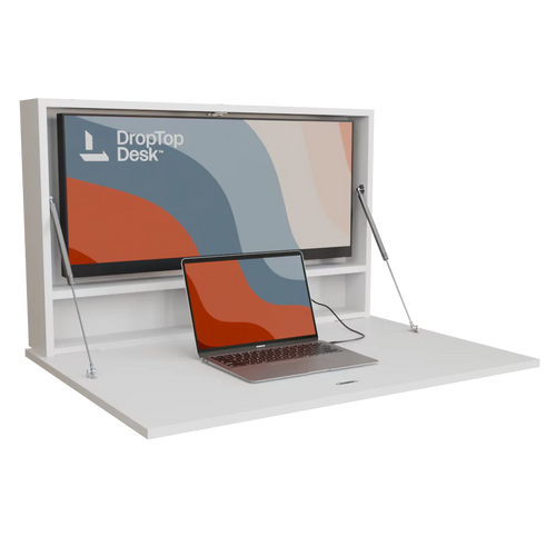 DropTop Single 34 Light wall-mounted fold-down desk, open, in Premium White.