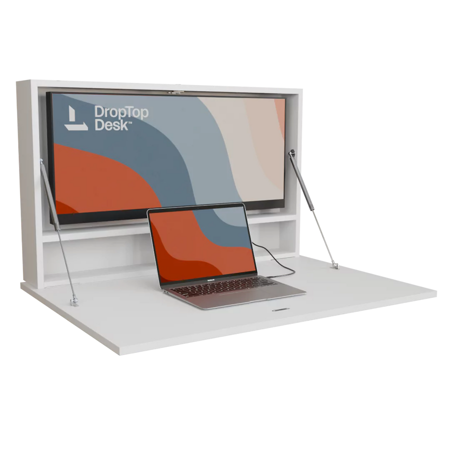 DropTop Single 34 Light wall-mounted fold-down desk, open, in Premium White.