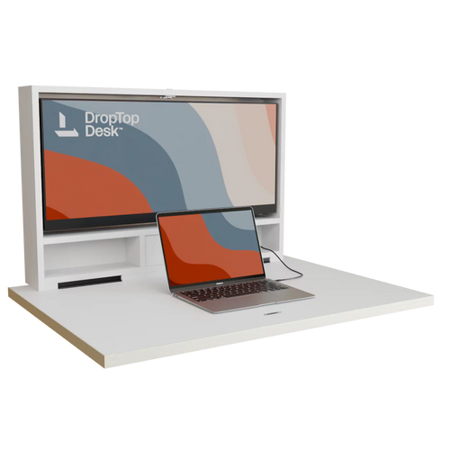DropTop Single 34 wall-mounted fold-down desk, open, in Premium White.
