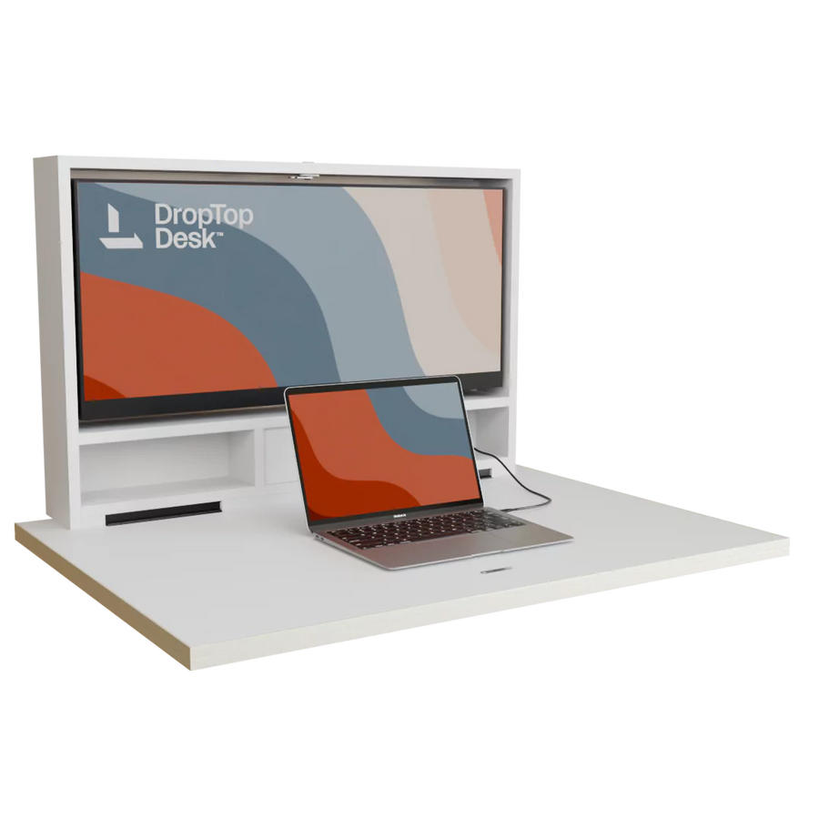 DropTop Single 34 wall-mounted fold-down desk, open, in Premium White.