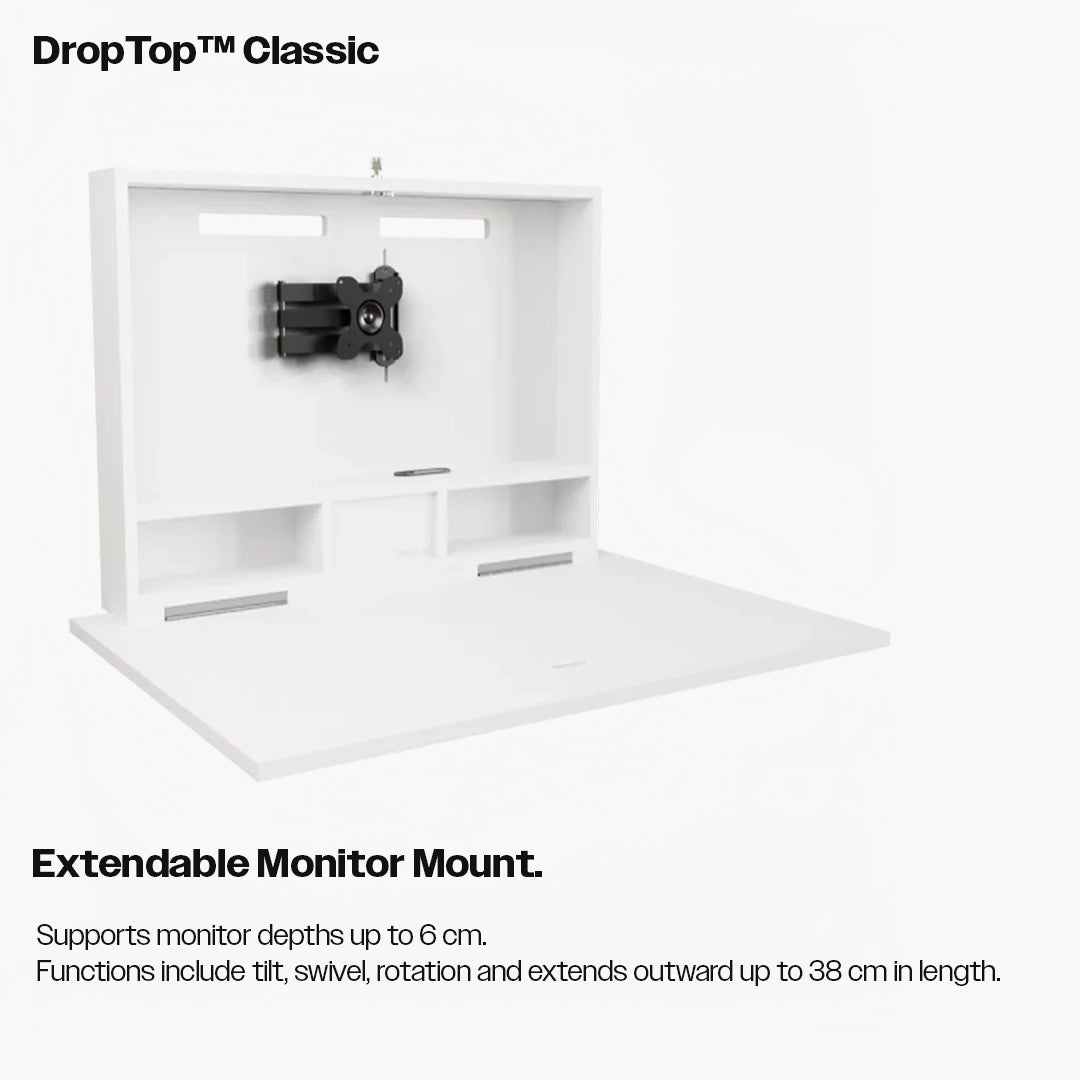 Diagram of the Classic extendable monitor mount, which tilts, swivels and extends to 38cm.