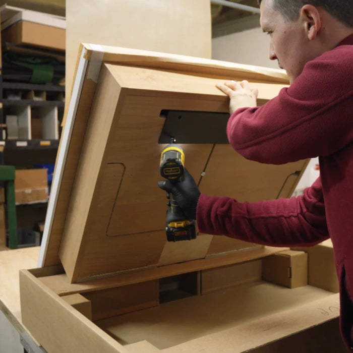 A finished DropTop desk in the workshop