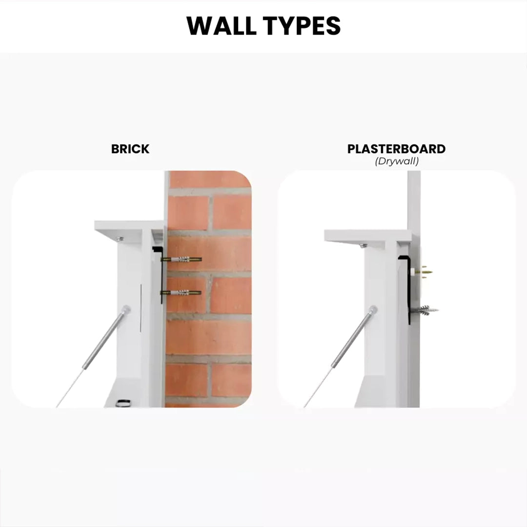 Diagram showing the DropTop fixings for brick walls and for drywall.