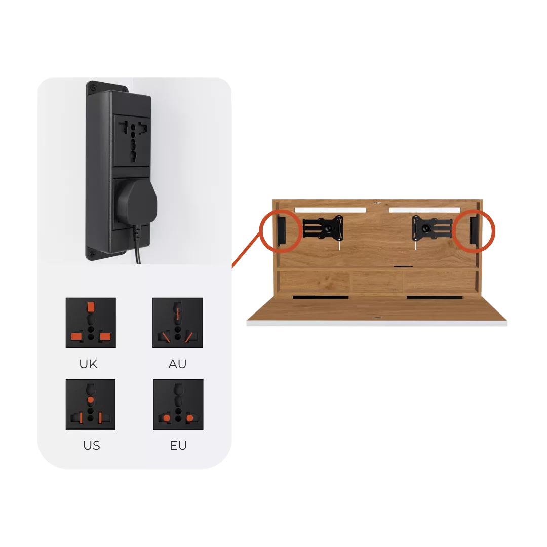 Diagram of the socket module with UK, EU, US and Australian plug options.