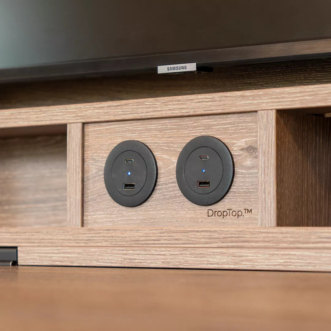Close-up of the USB-C and USB-A ports set into a wood-grain DropTop carcass.