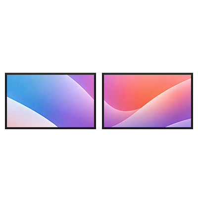 Layout diagram: two landscape screens side by side, centred on the wall plate.