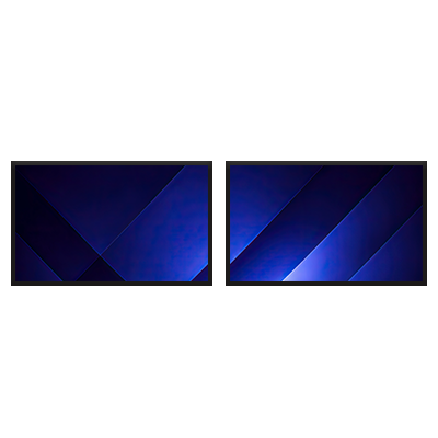 Layout diagram: two landscape screens side by side, set lower and further apart.