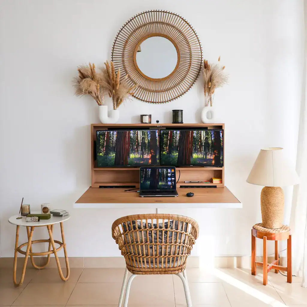Open DropTop Duo 24 with two forest-scene monitors and a laptop in a bright tiled room.