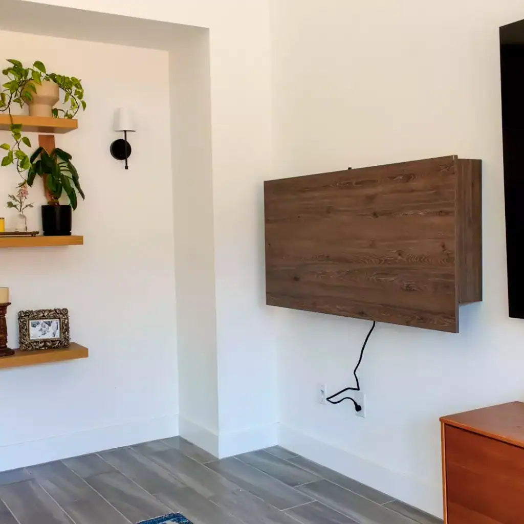 Closed walnut DropTop Duo 24 Light with its cable running down to the socket.