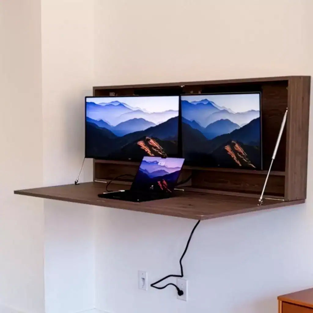 Angled view of an open walnut DropTop Duo 24 Light showing the gas strut.