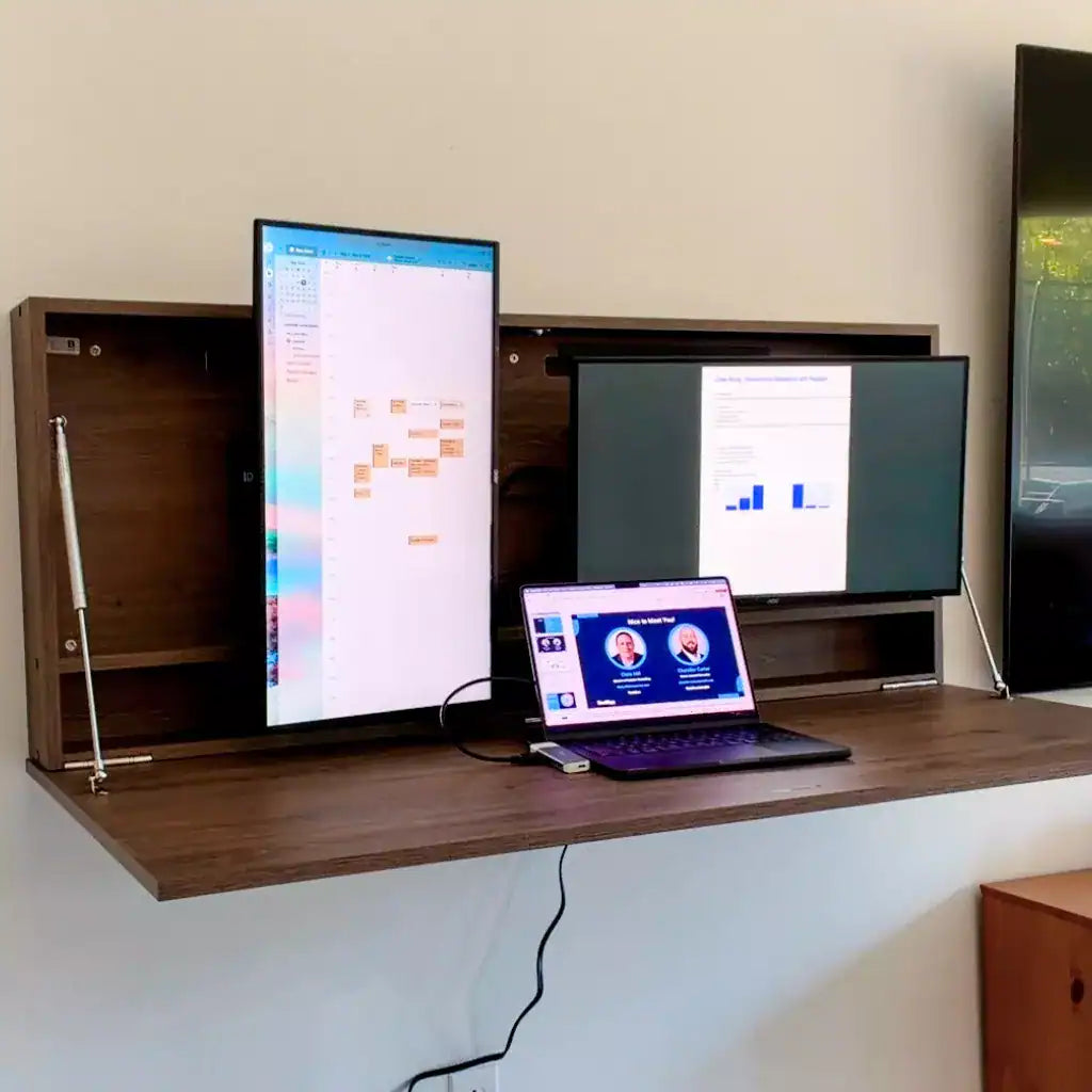 Open walnut DropTop Duo 24 Light with one portrait and one landscape monitor.