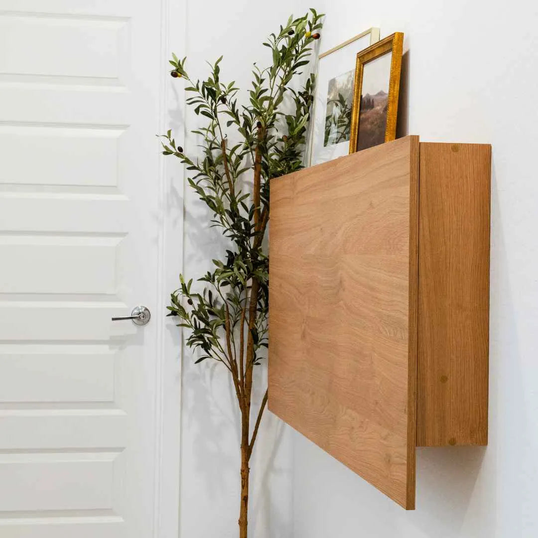Side view of a closed oak DropTop Duo 27 Light showing how far it sits off the wall.