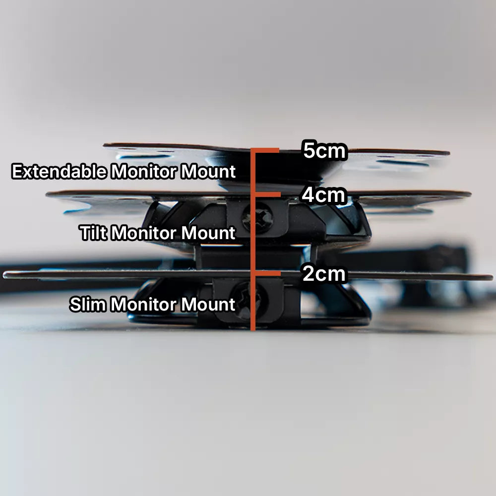 The three DropTop monitor mounts compared: extendable 5cm, tilt 4cm and slim 2cm.