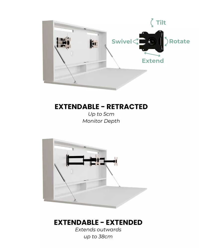 Diagram of the extendable mount retracted and extended, with tilt, swivel and rotate arrows.