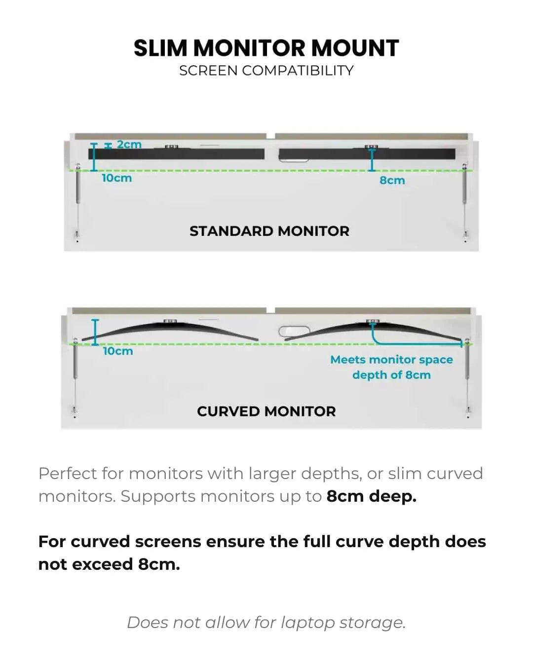 Diagram of the slim monitor mount showing the 10cm and 8cm screen depth limits.