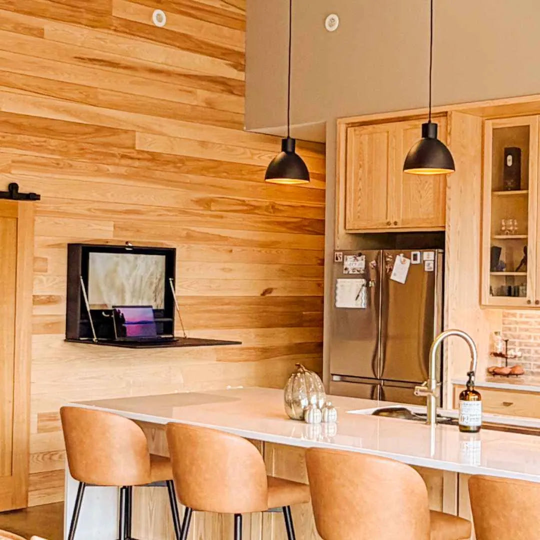 Open DropTop Light desk built into a wood-paneled wall with a laptop on the desktop.