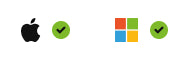 Apple and Windows logos each with a green tick, showing the dock works with both.