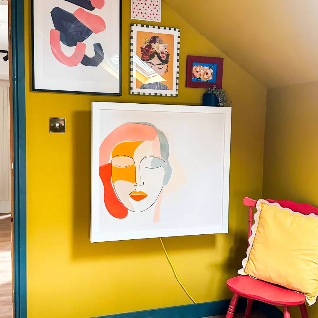 Closed DropTop Single 32 fronted by a line-art print on a mustard yellow wall.
