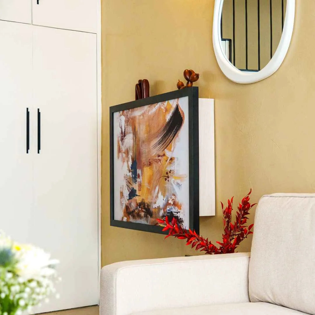 Closed DropTop Single 34 displaying abstract framed artwork on a yellow wall.