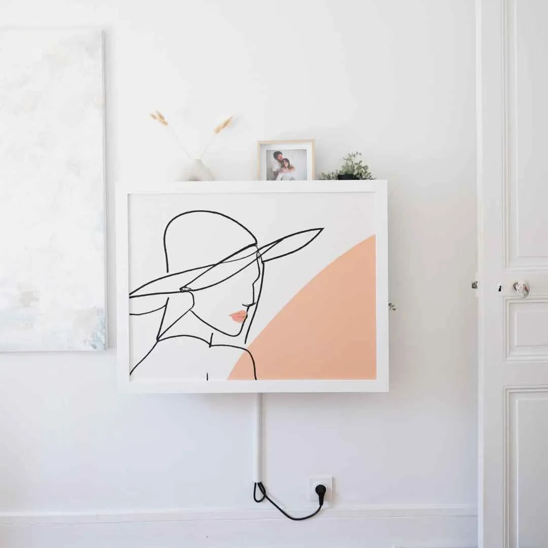 Closed DropTop Single 34 displaying a line-drawing portrait print on a white wall.