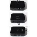 Three views of the i-tec Dock Mini showing its DisplayPort, HDMI, LAN and USB ports.