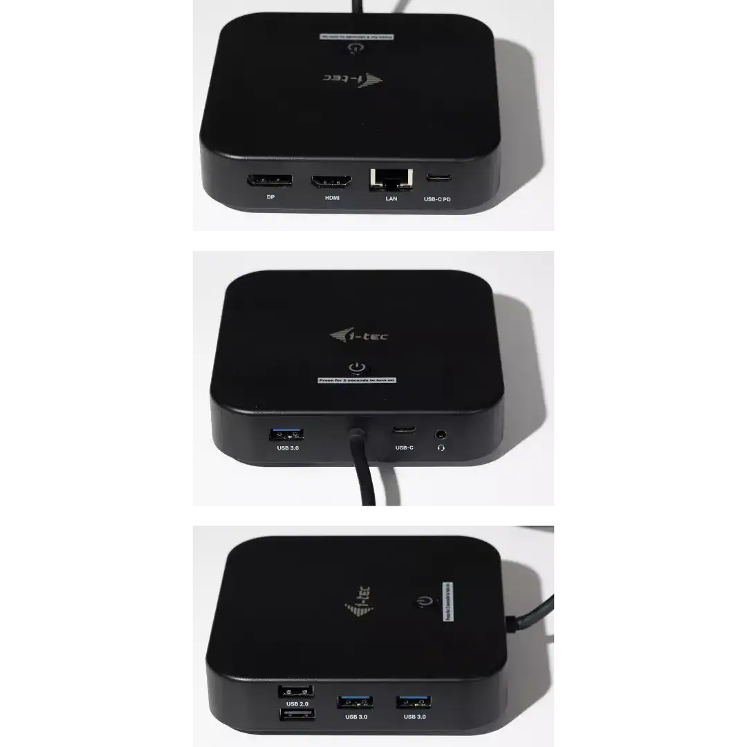 Three views of the i-tec Dock Mini showing its DisplayPort, HDMI, LAN and USB ports.
